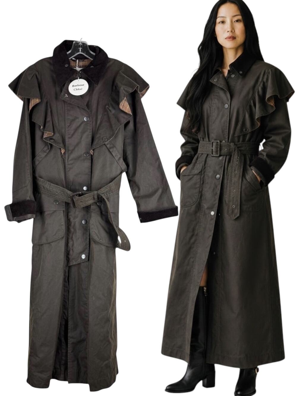 NEW Chloe X Barbour Dany Waxed Long Trench Coat Ruffles Brown Size 12